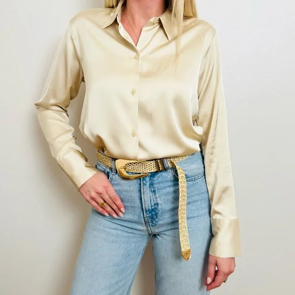 New Abercrombie & Fitch Cream Satin Elegant Long Sleeve Button Down Shirt - Picture 7 of 15